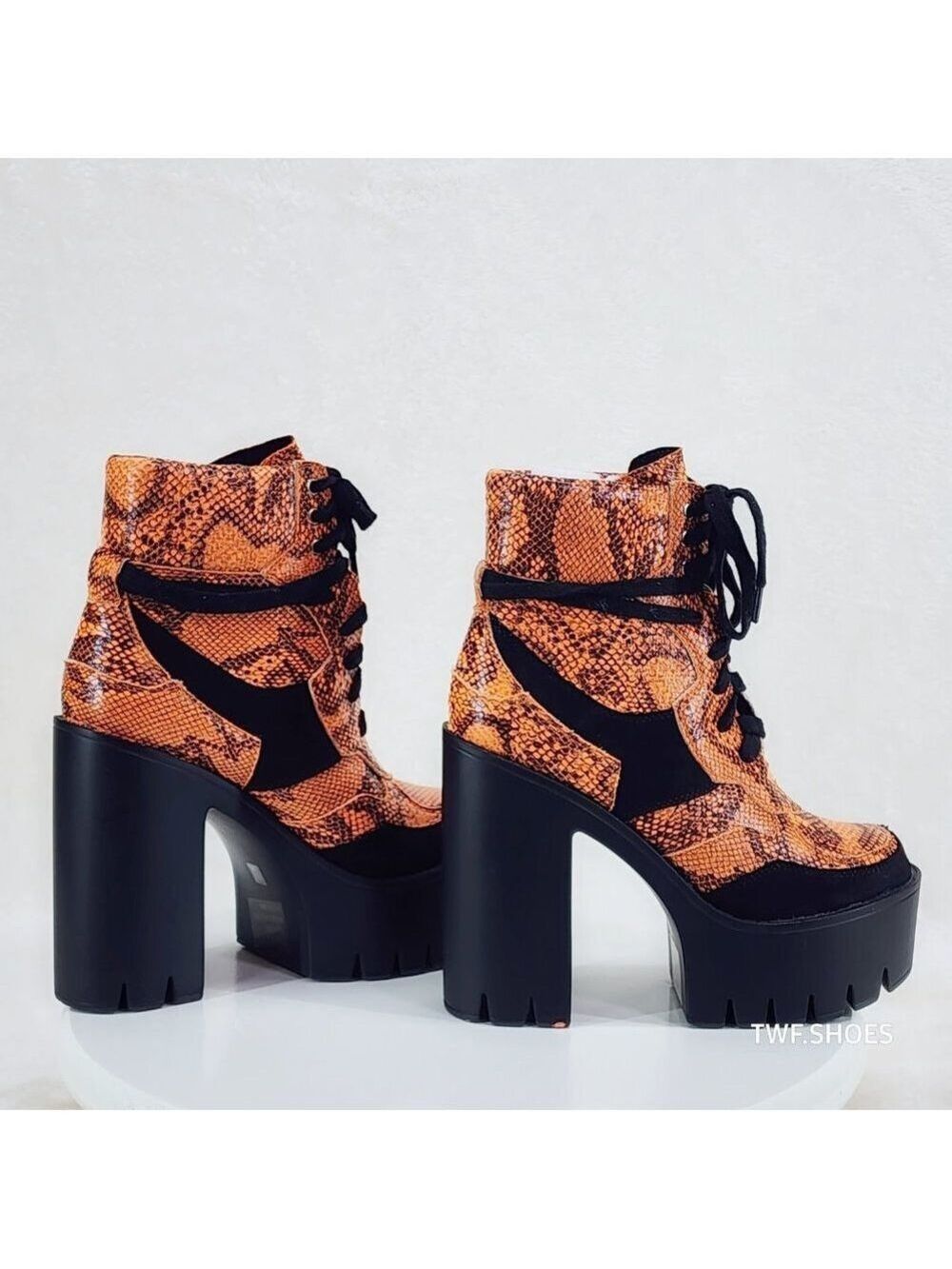 Orange Snake Black 5" Chunky Lug Sole Ankle Boots Penny